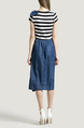 Blue White and Black Round Neck Slim Denim Stripe Linking Contrast Rhinestone Butterfly Knot Knee Length Dress for Casual Party Office