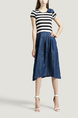 Blue White and Black Round Neck Slim Denim Stripe Linking Contrast Rhinestone Butterfly Knot Knee Length Dress for Casual Party Office