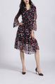 Black and Colorful V Neck Placket Front Plus Size Chiffon Linking Flare Sleeve Printed Midi Dress for Casual Office Party