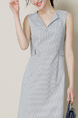 Gray Lapel Plus Size Stripe Linking Buckled Zipped Shift Above Knee Dress for Casual Party Office