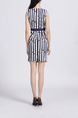 Navy Blue and White Round Neck Slim Linking Contrast Stripe Zipped Butterfly Knot Sheath Above Knee Dress for Casual Party Office