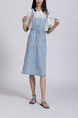 Blue and White Denim Knee Length Round Neck Dress for Casual