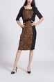 Leopard Black Sheath Knee Length Round Neck Dress for Casual Party Office