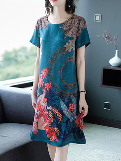 Blue Green Colorful Shift Knee Length Plus Size Round Neck Dress for Casual Party Office