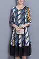 Colorful Plus Size Loose Stripe Printed Round Neck Dress for Casual Office
