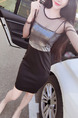 Black Slim Seem-Two Contrast Linking Mesh Round Neck Over-Hip Long Sleeve Dress for Casual Party Evening