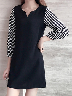 Black and White Plus Size Loose Linking Stripe Sleeve Adjustable Cuff Round Neck Above Knee Dress for Casual Office Party Evening