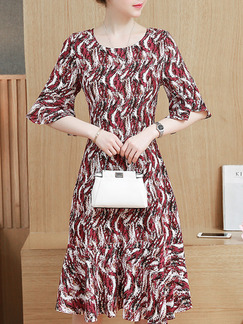 Red and White Slim A-Line Printed Round Neck Flare Sleeve Zipper Back Fishtail Dress for Casual Party Office