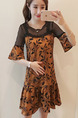 Brown and Black  Plus Size Pregnant Seem-Two A-Line Linking Mesh Printed Flare Sleeve Dress for Casual Party Office
