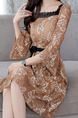 Brown Slim A-Line Lace Square Neck See-Through Band Flare Sleeve Open Back Long Sleeve Dress for Casual Party