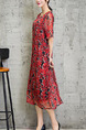 Red and Black Plus Size Loose Printed Round Neck See-Through Pockets Floral Dress for Casual