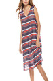 Grey White Orange Loose A-Line Contrast Stripe V Neck See-Through Shift Dress for Casual Party
