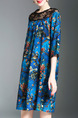 Blue Colorful Plus Size Loose A-Line Printed Linking Lace Band Shift Dress for Casual Party