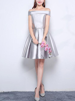 Silver Satin Slim A-Line Off-Shoulder Puff Skirt Butterfly Knot Above Knee Dress for Formal Prom Bridesmaid