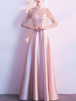 Pink Plus Size Slim A-Line Linking Lace Embroidery See-Through Stand Collar Zipper Back Satin  Dress for Bridesmaid Prom