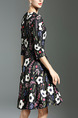 Black Red and White Plus Size Slim Printed A-Line V Neck Buttons Floral Above Knee Dress for Casual
