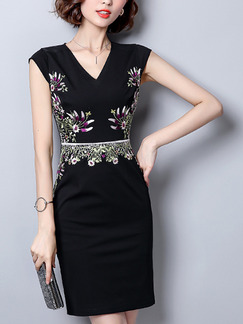 Black Plus Size Slim V Neck Over-Hip Embroidery Sheath Above Knee Dress for Casual Party Office