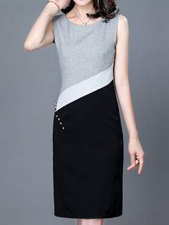 Grey Black and White Plus Size Slim Contrast Round Neck Over-Hip Diamond Sheath Knee Length Dress for Casual Office