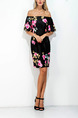 Black Yellow and Pink Plus Size Slim Printed Boat Neck Flare Sleeve Over-Hip Off Shoulder Above Knee Shift Floral Dress for Casual