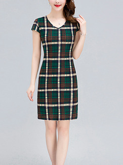 Brown and Green Plus Size Slim Contrast Grid V Neck Over-Hip Sheath Above Knee Dress for Casual Party Office