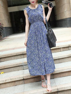Blue Plus Size Slim Floral Round Neck Adjustable Waist Band Shoulder Midi Dress for Casual Party Office