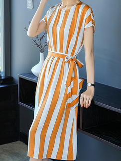 Orange and White Plus Size Slim Contrast Stripe Round Neck Band Pockets Knee Length Dress for Casual Office