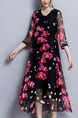 Black and Pink Plus Size Loose A-Line Printed V Neck Asymmetrical Hem See-Through Double Layer Midi Floral Dress for Casual Party