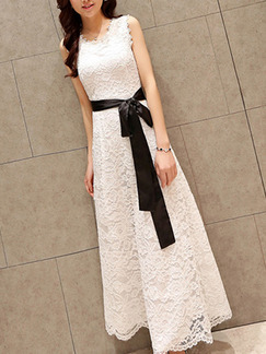 White and Black Plus Size Slim Lace Round Neck Band Double Layer Maxi Dress for Party Evening Cocktail