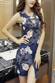 Dark Blue Ccolorful Bodycon Printed Furcal Above Knee Floral Dress for Casual Party Nightclub