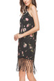 Black Colorful Slim Printed Tassel Above Knee Floral Slip Shift Dress for Casual Party