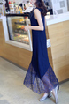 Blue Slim Round Neck Lace Linking Midi Shift Dress for Casual Party