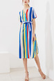 Colorful Slim Contrast Stripe Band Knee Length Dress for Casual Party