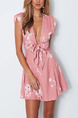 Pink and White Slim Printed Band Above Knee Ribbon Floral Fit & Flare Dress for Casual Party Nightclub