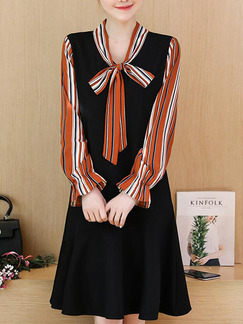 Black Orange and White Loose Linking Stripe Above Knee Long Sleeve Plus Size Dress for Casual Office