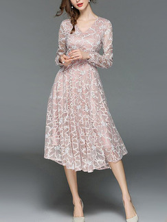 Pink Slim Lace Floral Midi V Neck Fit & Flare Long Sleeve Dress for Cocktail Party Evening