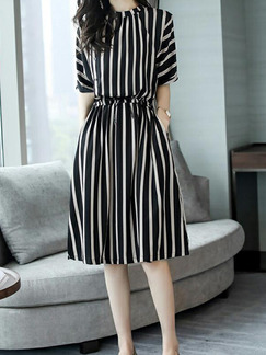 Black Slim Stripe Adjustable Waist Midi Plus Size Dress for Casual Party Office