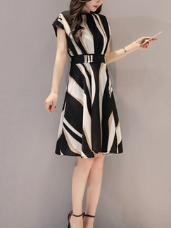 Black White and Khaki Slim Contrast High Waist Knee Length Plus Size Dress for Casual Party Office Evening