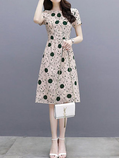 Beige and Green Slim Printed Wave Point Midi Plus Size Dress for Casual Party Office Evening