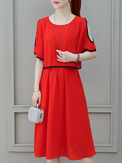 Red Loose Contrast Linking off-Shoulder Midi Fit & Flare Dress for Casual Party