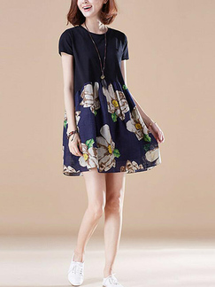 Navy Blue Loose Linking Printed Above Knee Shift Floral Plus Size Dress for Casual Party