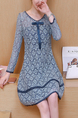 Blue Slim Plus Size Lace Contrast Linking Long Sleeve Above Knee Plus Size Fit & Flare Dress for Casual Party Office