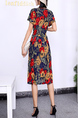 Blue Colorful Fit & Flare Floral Round Neck Midi Plus Size Dress for Casual Party Office