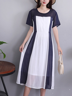 Navy Blue and White Fit & Flare Midi Plus Size Dress for Casual Party Office