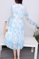 White and Blue Wrap Long Sleeve Midi Plus Size Dress for Casual Party Beach