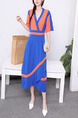Blue and Orange V Neck Wrap Midi Dress for Casual Party