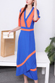 Blue and Orange V Neck Wrap Midi Dress for Casual Party