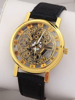 Black Leather Band Bracelet Quartz Watch