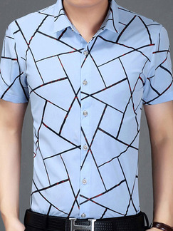 Blue Plus Size Slim Shirt Cardigan Geometric Pattern Bottom Up Men Shirt for Casual Office