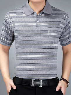 Grey Plus Size Polo Placket Front Knitted Stripe Men Shirt for Casual Office