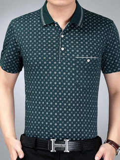 Green Slim Plus Size Polo Placket Front Knitted Printed Men Shirt for Casual Office